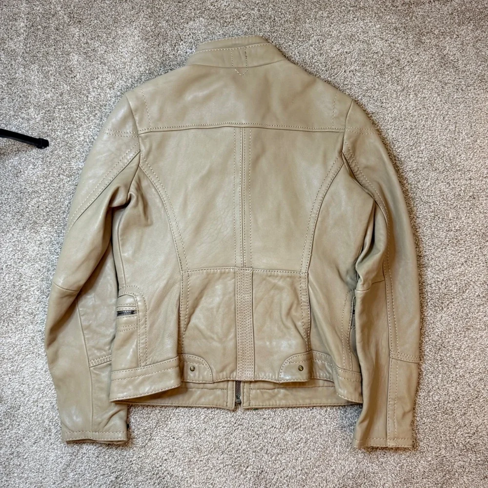 Michael Kors Leather Jacket Women L Tan Beige Vintage Y2K Moto Biker Zip Pocket